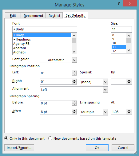 The Set Defaults Tab of the Manage Styles Dialog in Word 2013