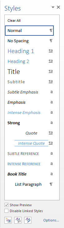 The Styles Task Pane in Word 2013, showing Style Previews